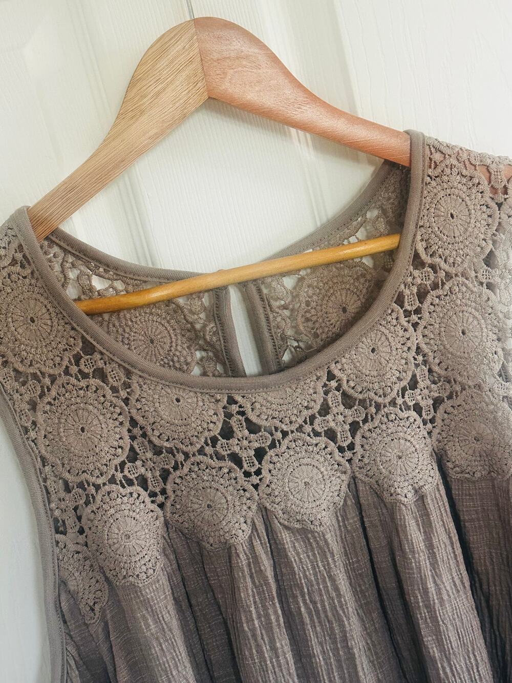 Boho Taupe Crochet Lace Cold Shoulder Babydoll Tunic Top Flowy